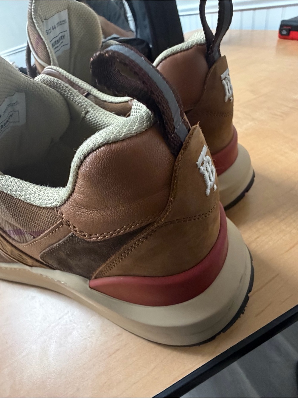 Burberry Brown and Tan Leather Sneakers with Red Accent